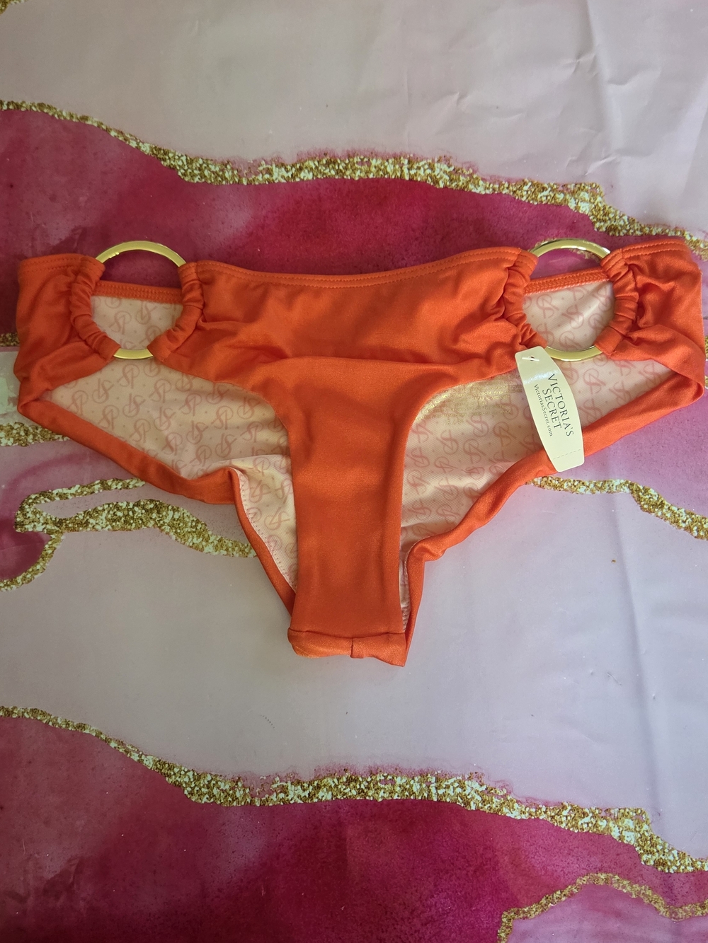 Victoria's Secret Bright Orange Bikini Bottoms with Gold Ring